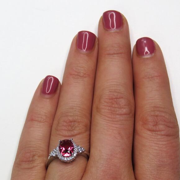 Zales Ruby & Cubic Zirconia Halo Sterling Silver Ring Size 7 SYNTHETIC - Picture 3 of 12